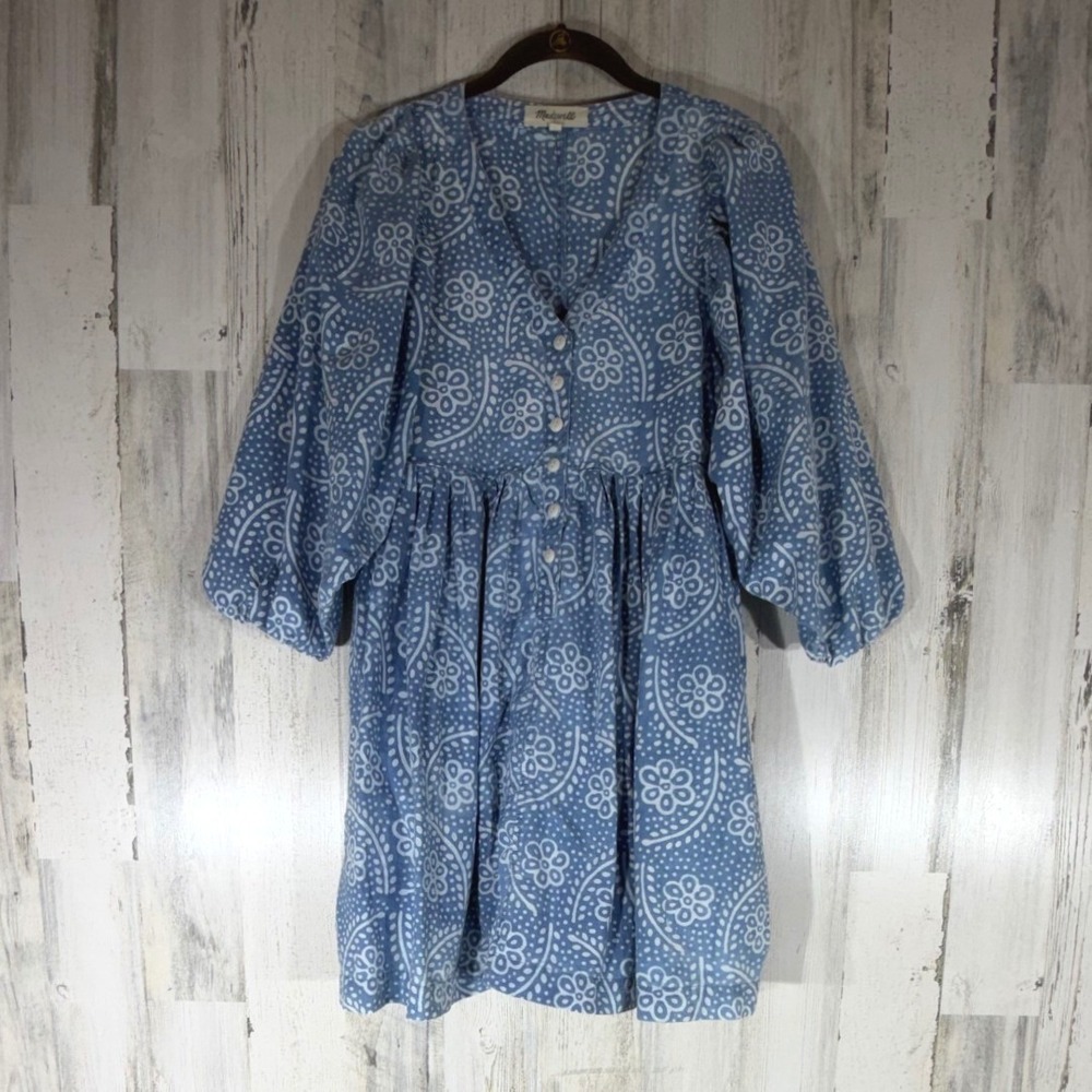 Madewell Mini Dress XXS Blue Floral Batik Puff Sleeve Cotton Pleated Cottagecore
